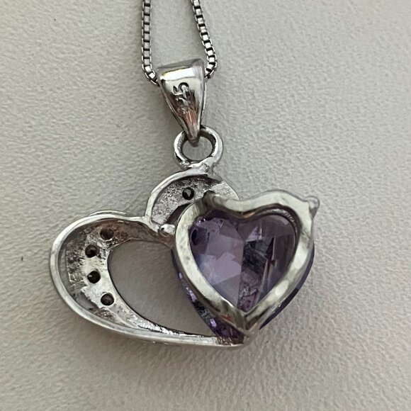925 Sterling Silver Heart Pendant with Amethyst & clear CZ stones & 925 Chain 18 - Picture 5 of 6